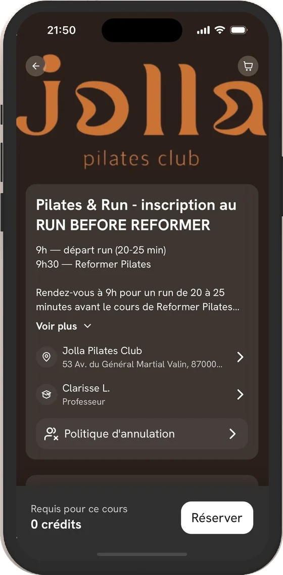 Fiche d'un cours avec bouton Réserver