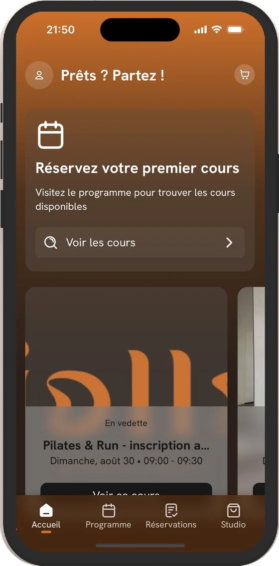 Écran d'accueil de l'application : réservez votre premier cours
